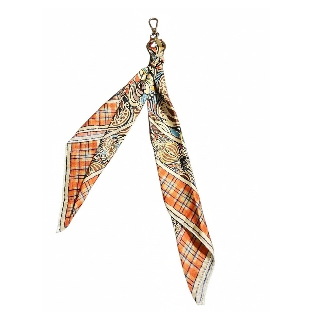Johnny Was Silk Scarf Bag Charm Keychain Orange Plaid Paisley Boho NWT